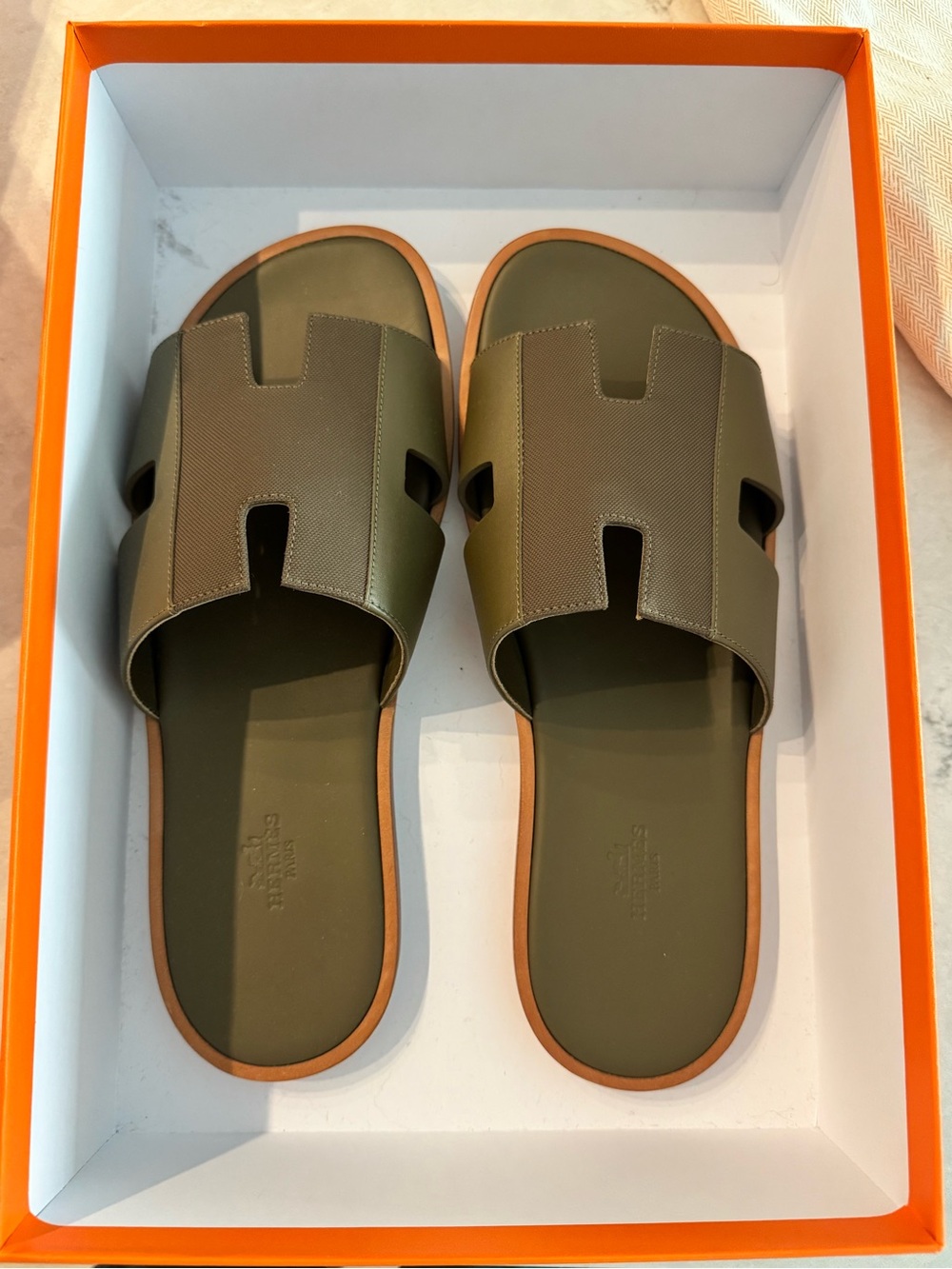 Hermes Olive and Brown Men's Slide Sandals